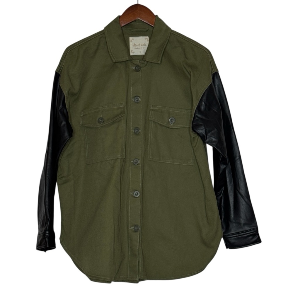Altard State Utility Jacket Faux Leather Olive Green Shacket Black SZ Small